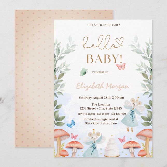 Invitation Champignons Aquarelle Papillons Points Baby Shower (Devant / Derrière)