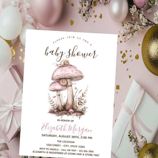 Invitation Champignons Baby shower à rayures roses de l'escar (Créateur téléchargé)