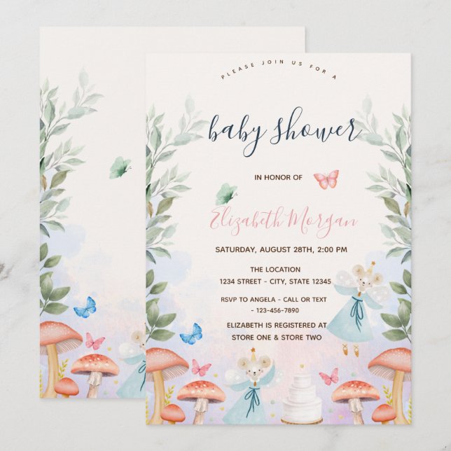 Invitation  Champignons Bébé Souris Feuilles Baby Shower  (Devant / Derrière)
