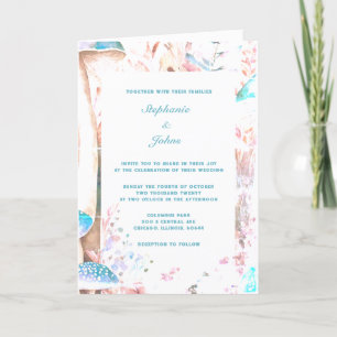 Invitation Champignons Bois Abstrait Bleu Blanc Boho Mariage