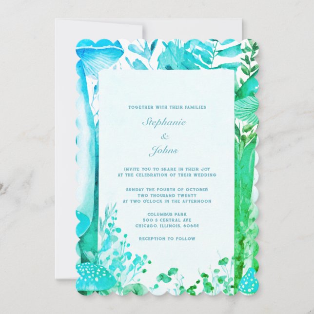 Invitation Champignons Bois Bleu Vert Boho Mariage Abstrait B (Devant)