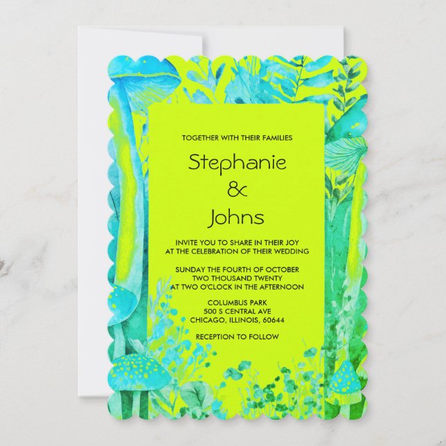 Invitation Champignons Bois Lime Vert Turquoise Bleu Mariage (Devant)
