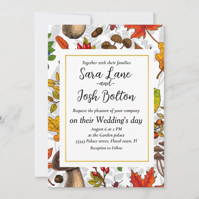 Invitation Champignons d'automne, feuilles, noix et baies sur (Devant)