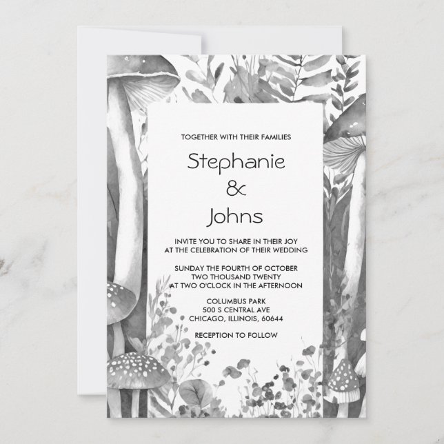 Invitation Champignons de bois gris noir blanc Mariage (Devant)