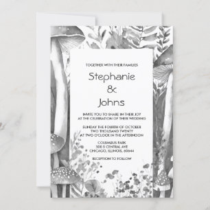 Invitation Champignons de bois gris noir blanc Mariage