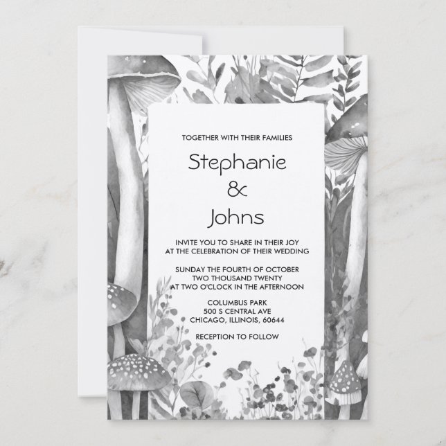 Invitation Champignons de bois gris noir blanc Mariage d'arge (Devant)