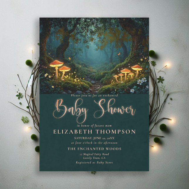 Invitation Champignons de la Forêt Enchantée Fête de Naissanc (enchanted forest baby shower theme invitation magical fairy tale mushrooms woodland wildflowers)