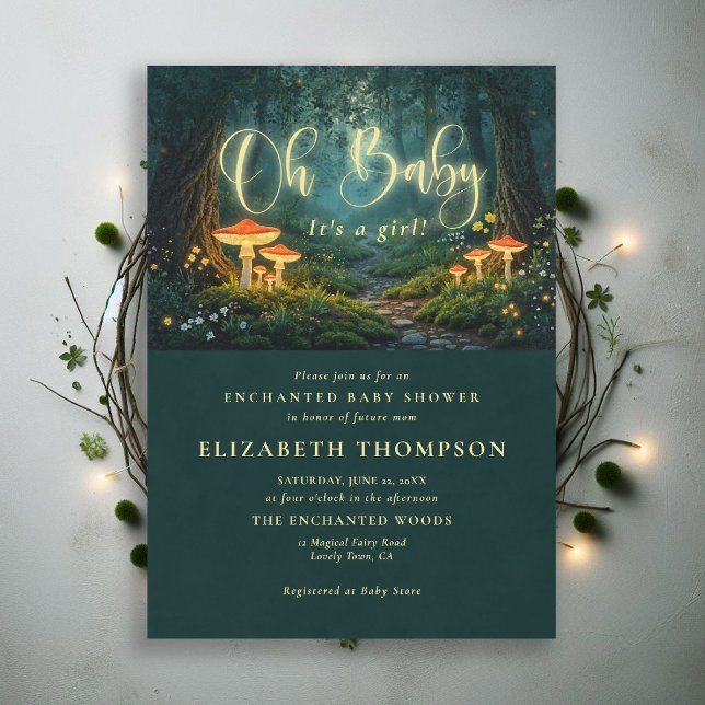 Invitation Champignons de la Forêt Enchantée Resplendissent O (enchanted forest oh baby shower theme invite magical fairy tale mushrooms woodland wildflowers glow)
