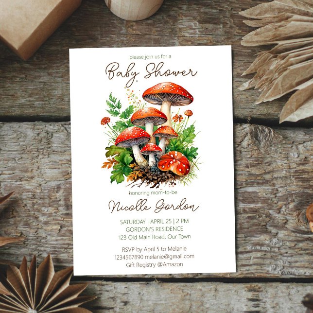 Invitation Champignons de la forêt sauvage baby shower modèle (Wild forest red mushrooms green fern baby shower invitation editable template instant download )