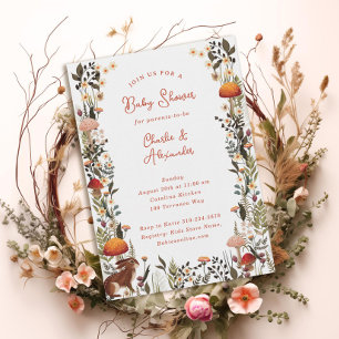 Invitation champignons des bois baby shower blanc fleur sauva
