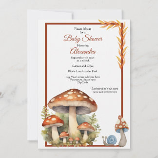 Invitation Champignons des bois Baby shower neutre selon le s