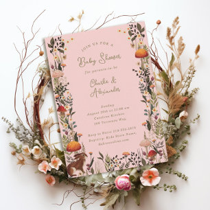 Invitation champignons des bois baby shower rose fleur sauvag