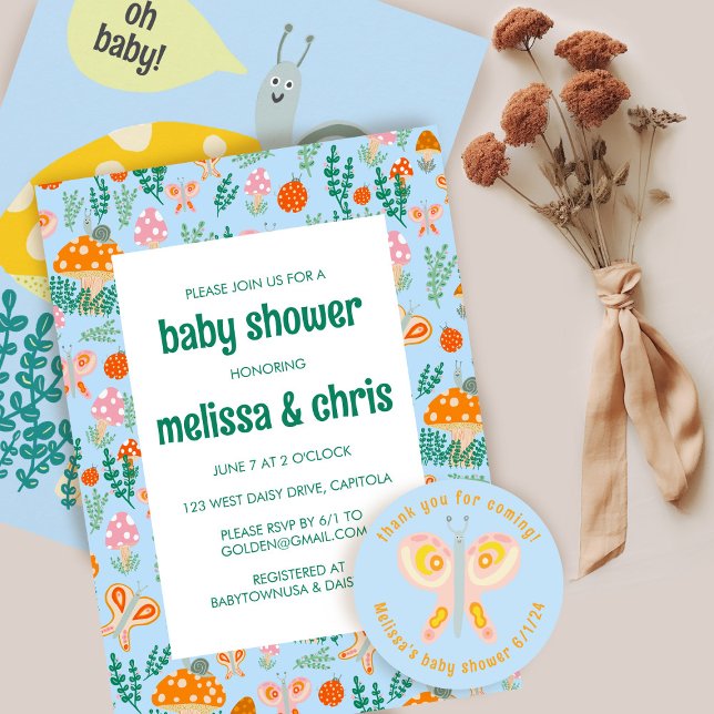 Invitation Champignons d'escargot mignonne BABY SHOWER CUSTOM (Snail Mushroom Cute Adorable CUSTOM BABY SHOWER Invitation
)