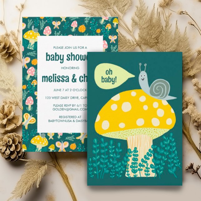 Invitation Champignons d'escargot mignonne BABY SHOWER CUSTOM (Cute snail, mushroom, ladybug and butterfly colorful custom baby shower invitation. Gender neutral)