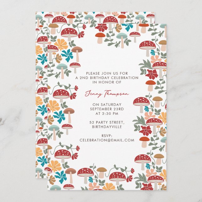 Invitation Champignons et fleurs du milieu du siècle fête d'a (Devant / Derrière)