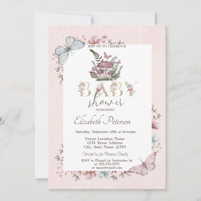 Invitation Champignons Mignons Papillons Rose Baby Shower (Devant)