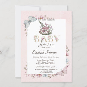 Invitation Champignons Mignons Papillons Rose Baby Shower