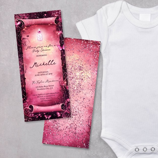 Invitation Champignons Papillon Enchantée Forest Scroll Baby (magic pink glitter enchanted forest parchment scroll)