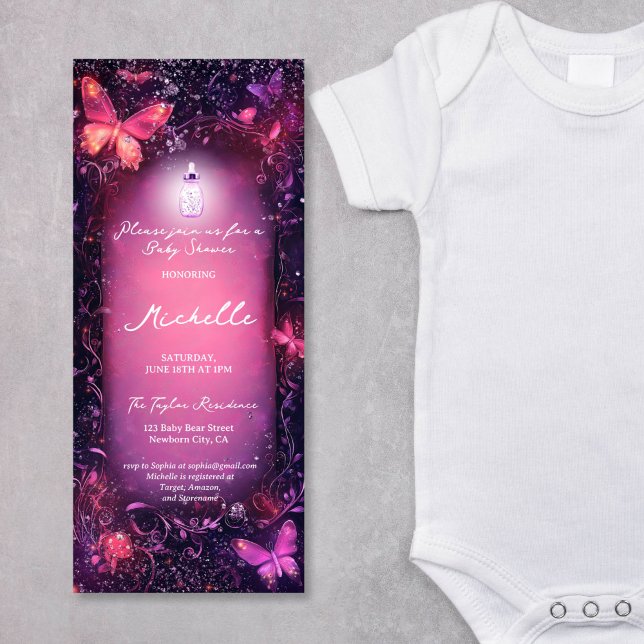 Invitation Champignons Papillon Enchantée Forest Scroll Baby (pink enchanted forest with scroll parchment and butterflies)