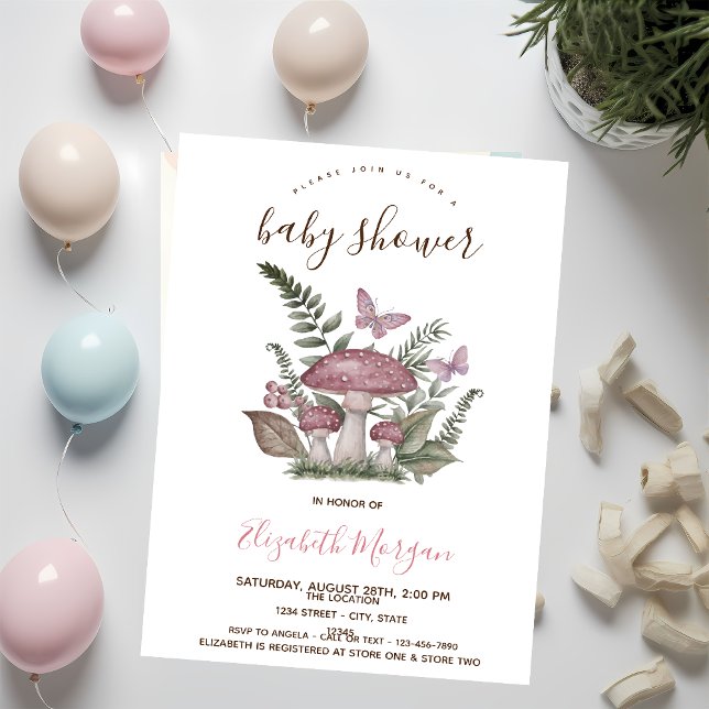 Invitation Champignons Papillon Rayures Roses Baby Shower   (Créateur téléchargé)