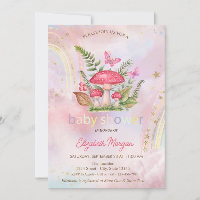Invitation Champignons Papillons Arc-en-ciel Baby shower Flor (Devant)