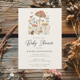 Invitation Champignons Papillons Bois Baby shower moderne