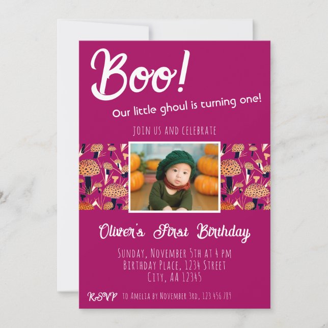 Invitation Champignons pour le premier anniversaire de Boo Ha (Devant)