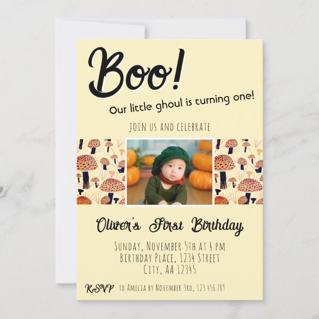 Invitation Champignons pour le premier anniversaire de Boo Ha (Devant)