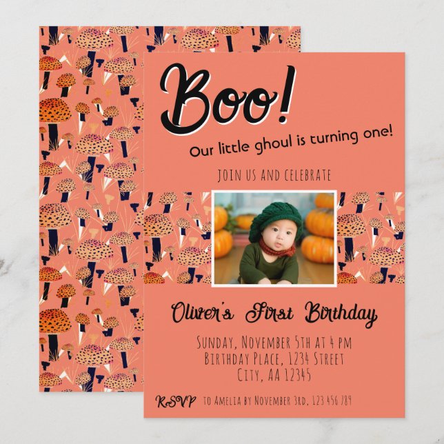 Invitation Champignons pour le premier anniversaire de Boo Ha (Devant / Derrière)