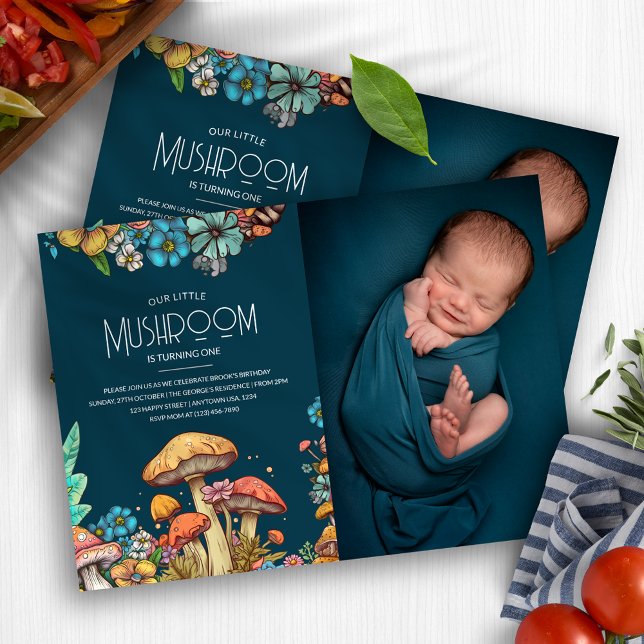 Invitation Champignons rustiques de champignons de bois 1er a (Rustic Woodland Mushroom Fungi 1st Birthday Photo Invitation)