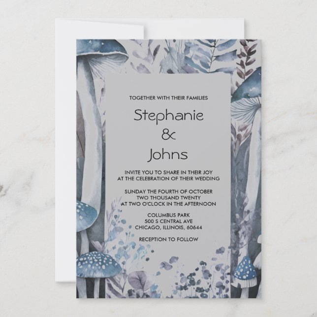 Invitation Champignons rustiques en bois bleu gris Mariage en (Devant)