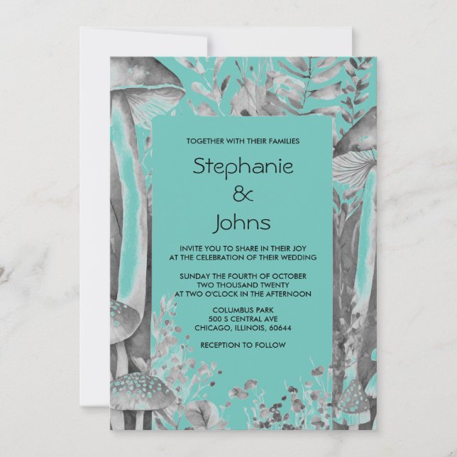 Invitation Champignons Turquoise Bleu Noir Gris Mariage bois (Devant)