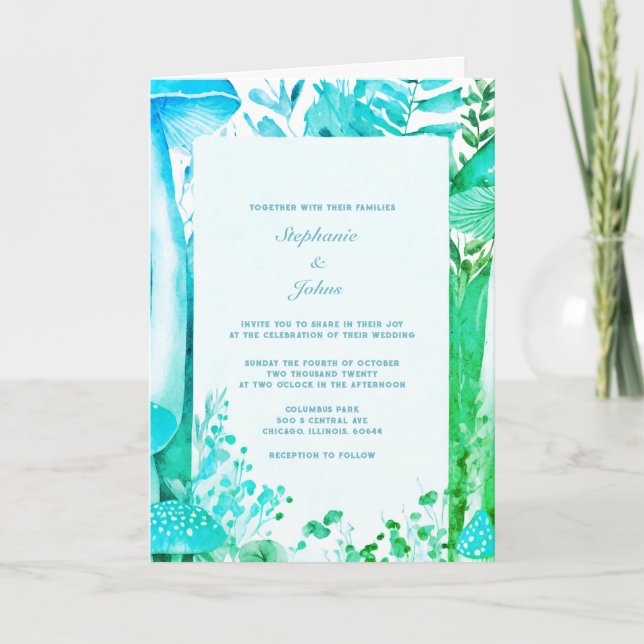 Invitation Champignons Woodland Abstrait Blue Green Boho Mari (Devant)