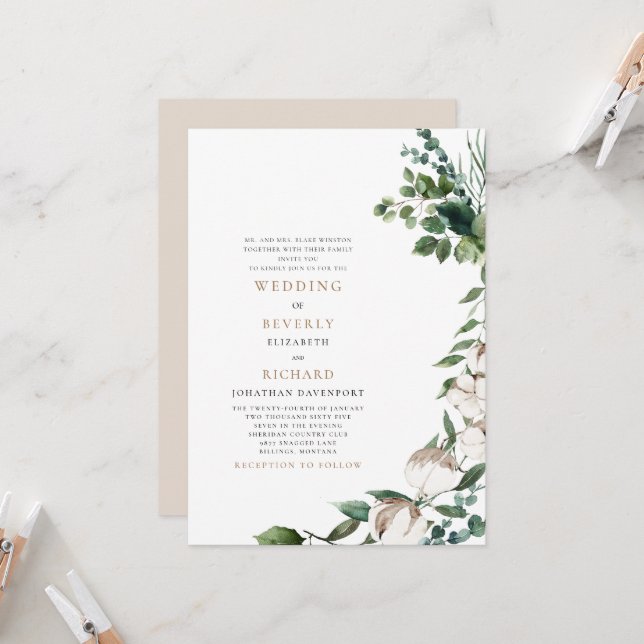 Invitation Champs de coton marron et blanc Parents Mariage  (Devant/Arrière en situation)