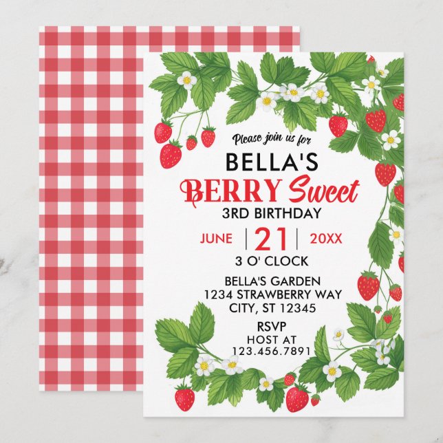 Invitation Champs de Fraises Douce Fête d'anniversaire aux Ba (Devant / Derrière)