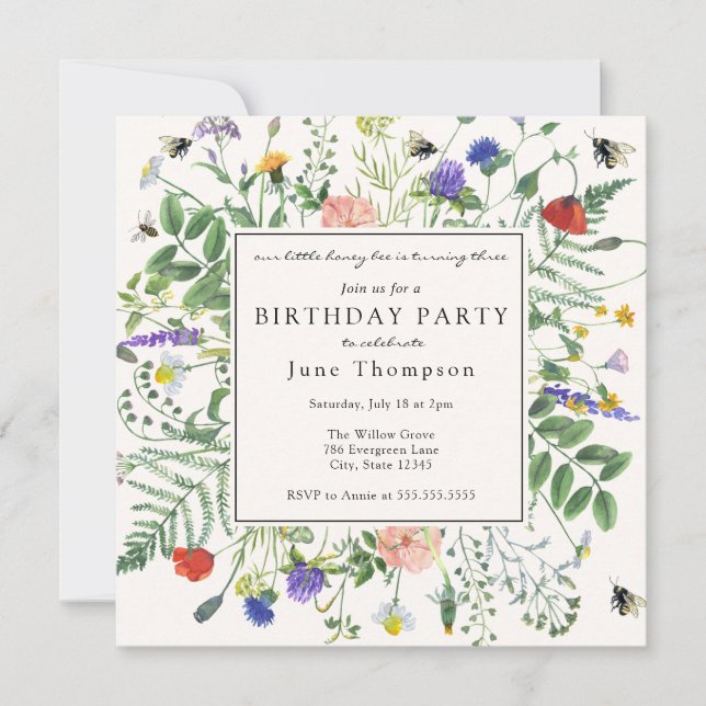 Invitation Champs fleurs sauvages et abeilles miel Anniversai (Devant)