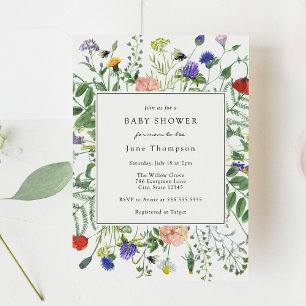 Invitation Champs fleurs sauvages et Baby shower bourdonnant 