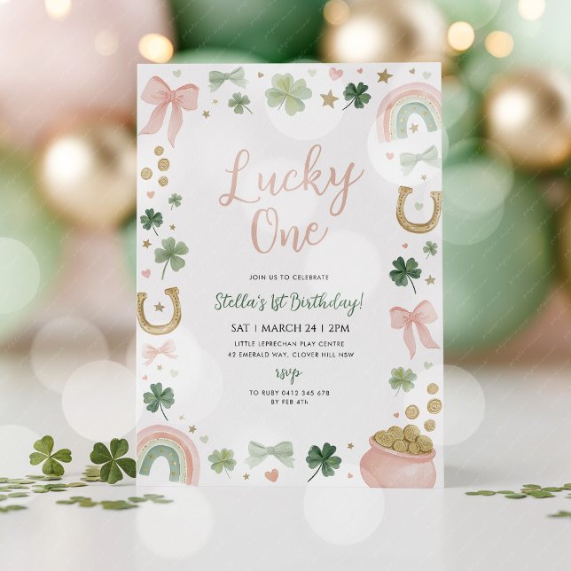 Invitation Chanceux ! Fête de la Saint-Patrick 1er Anniversai (Lucky One! St Patrick's Day 1st Birthday invitation in pastel colours. )