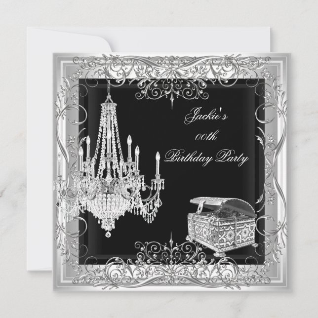 Invitation Chandelier Argent Anniversaire Blanc Noir (Devant)