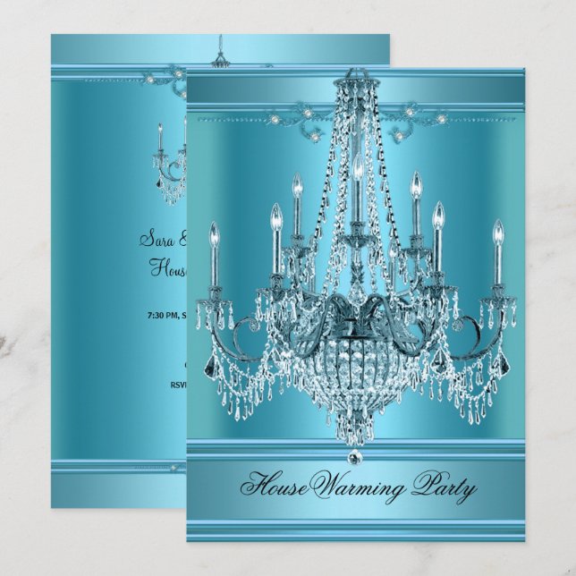 Invitation Chandelier Bleu Sarcelle Riche pour Fête de Chauff (Devant / Derrière)