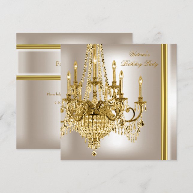 Invitation Chandelier Crème Blanc Or pour Fête d'Anniversaire (Devant / Derrière)