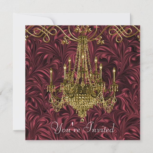 Invitation Chandelier de fête rouge Bourgogne or (Devant)