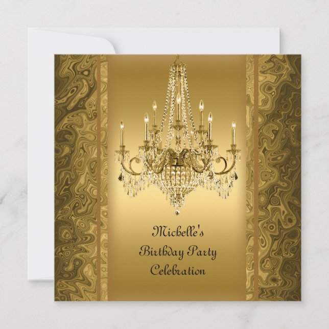 Invitation Chandelier élégant doré pour fête d'anniversaire (Devant)