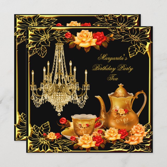 Invitation Chandelier fête d'anniversaire Vintage Red Gold Ro (Devant / Derrière)