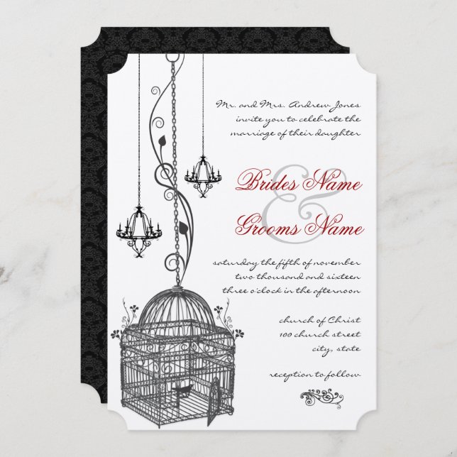 Invitation Chandelier noir blanc à cage à oiseaux Mariage rou (Devant / Derrière)