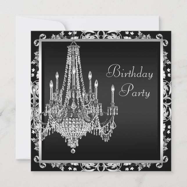 Invitation Chandelier noir blanc Damas fête d'anniversaire (Devant)