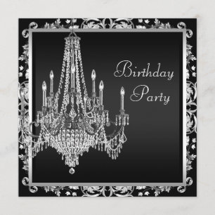 Invitation Chandelier noir blanc Damas fête d'anniversaire
