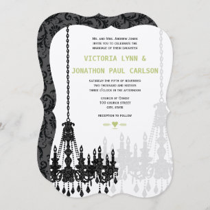 Invitation Chandelier noir gris vert damassé Mariage