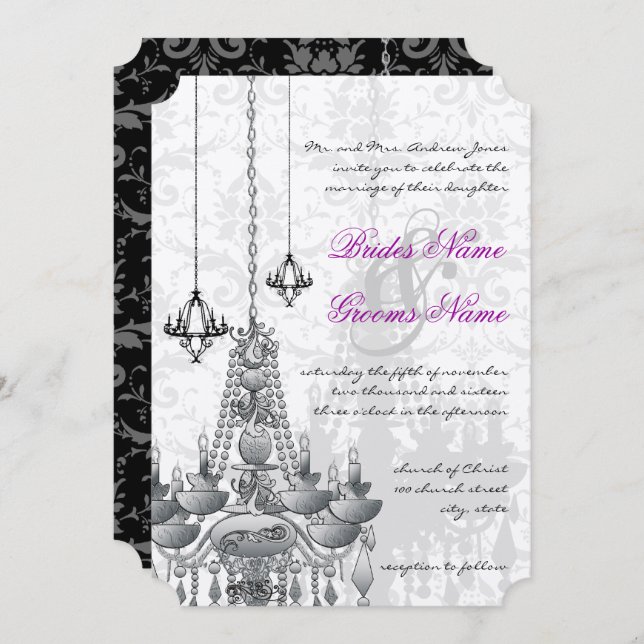 Invitation Chandelier noir rose gris Mariage damassé (Devant / Derrière)