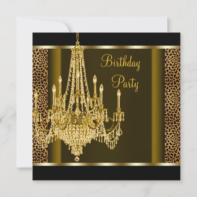 Invitation Chandelier Or Noir Anniversaire Thème Léopard (Devant)